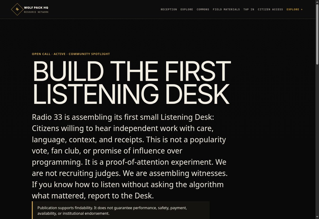 The live Build the First Listening Desk Community Bulletin showing its open-call status, title, purpose, and publication notice.