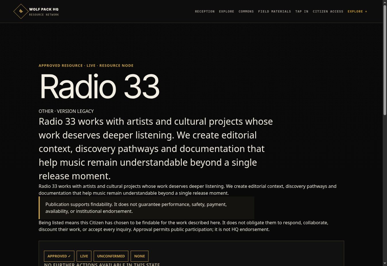 The live Radio 33 Resource Node showing its record status, name, capability statement, and trust information.
